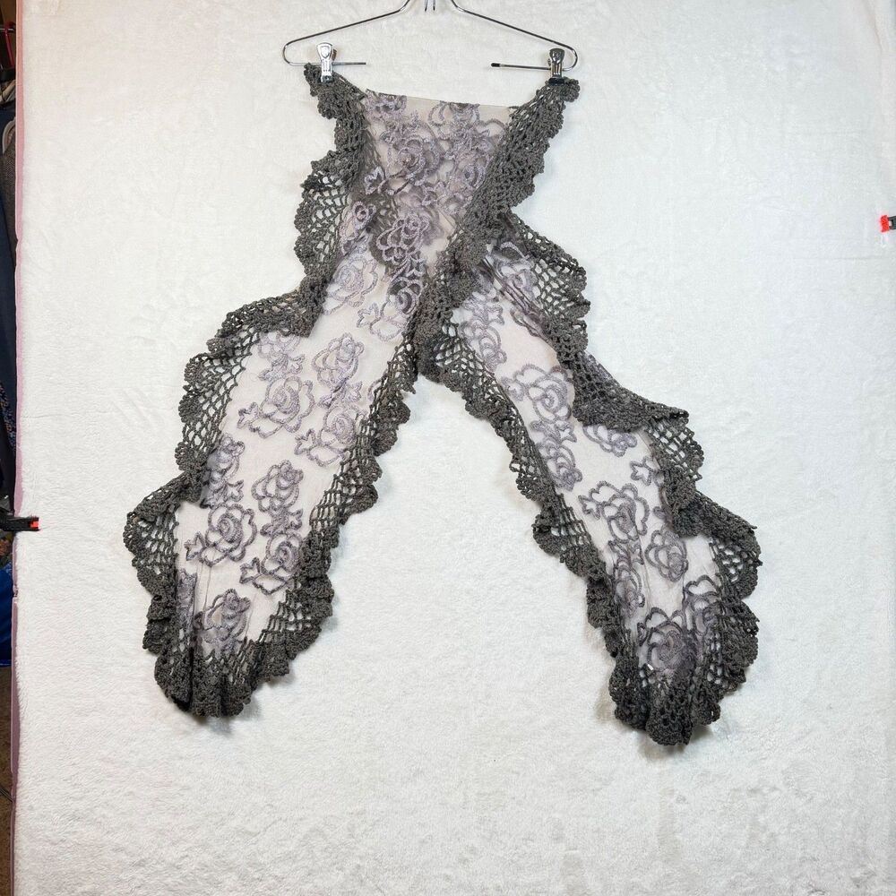 Women's Gray Floral Embroidered Tulle Lace Scarf Crochet Scalloped Trim 74"